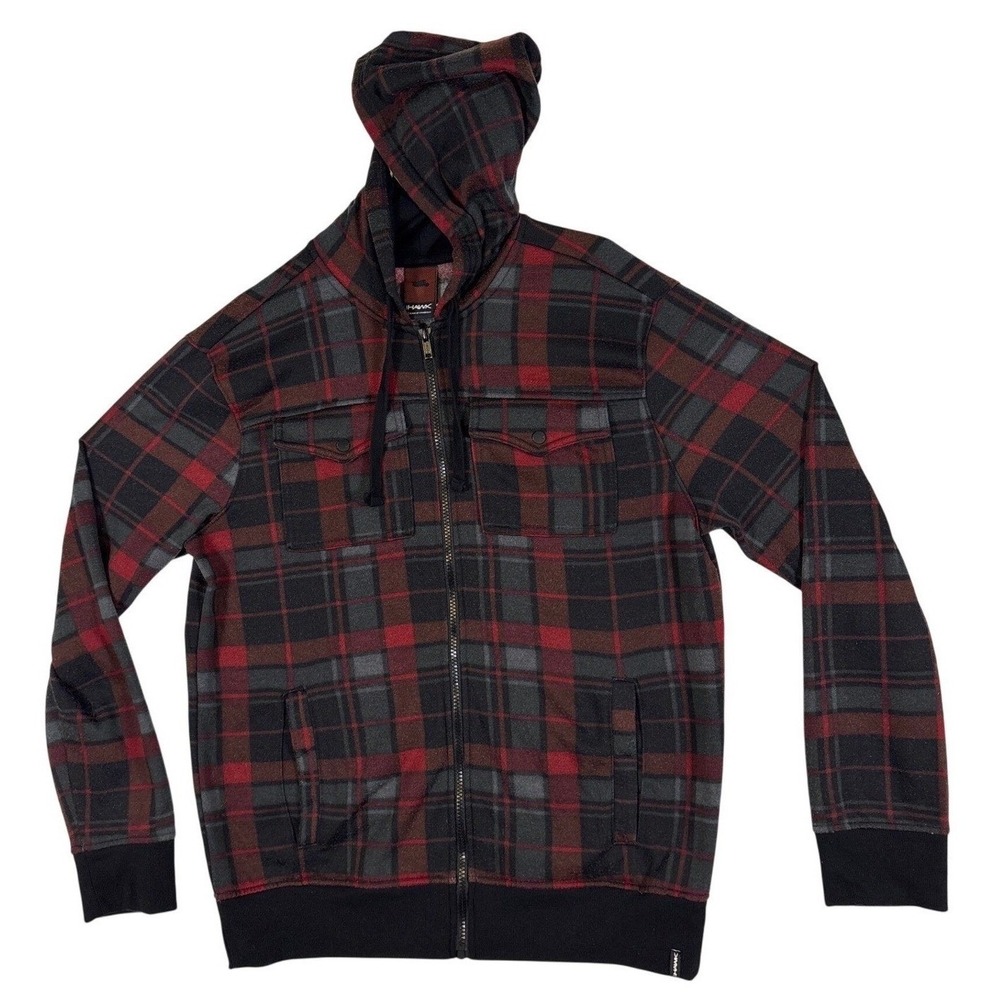 Tony Hawk Mens Red Grey Plaid Full Zip Hoodie Sweatshirt Medium Skateboarding